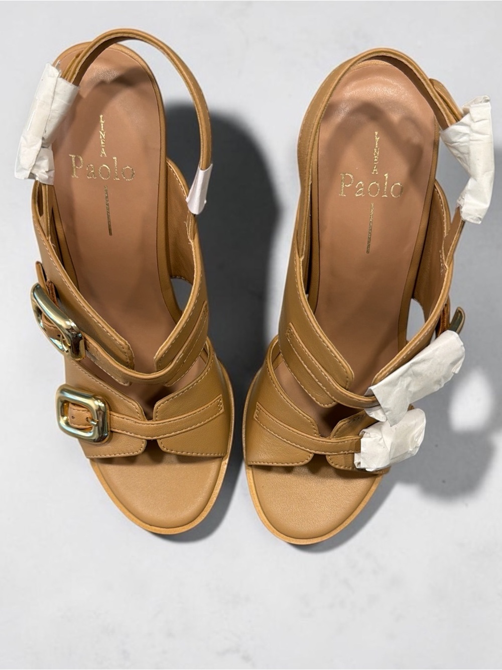 Paolo Cognac Brown Leather Buckle Wedge Sandals - Picture 4 of 7